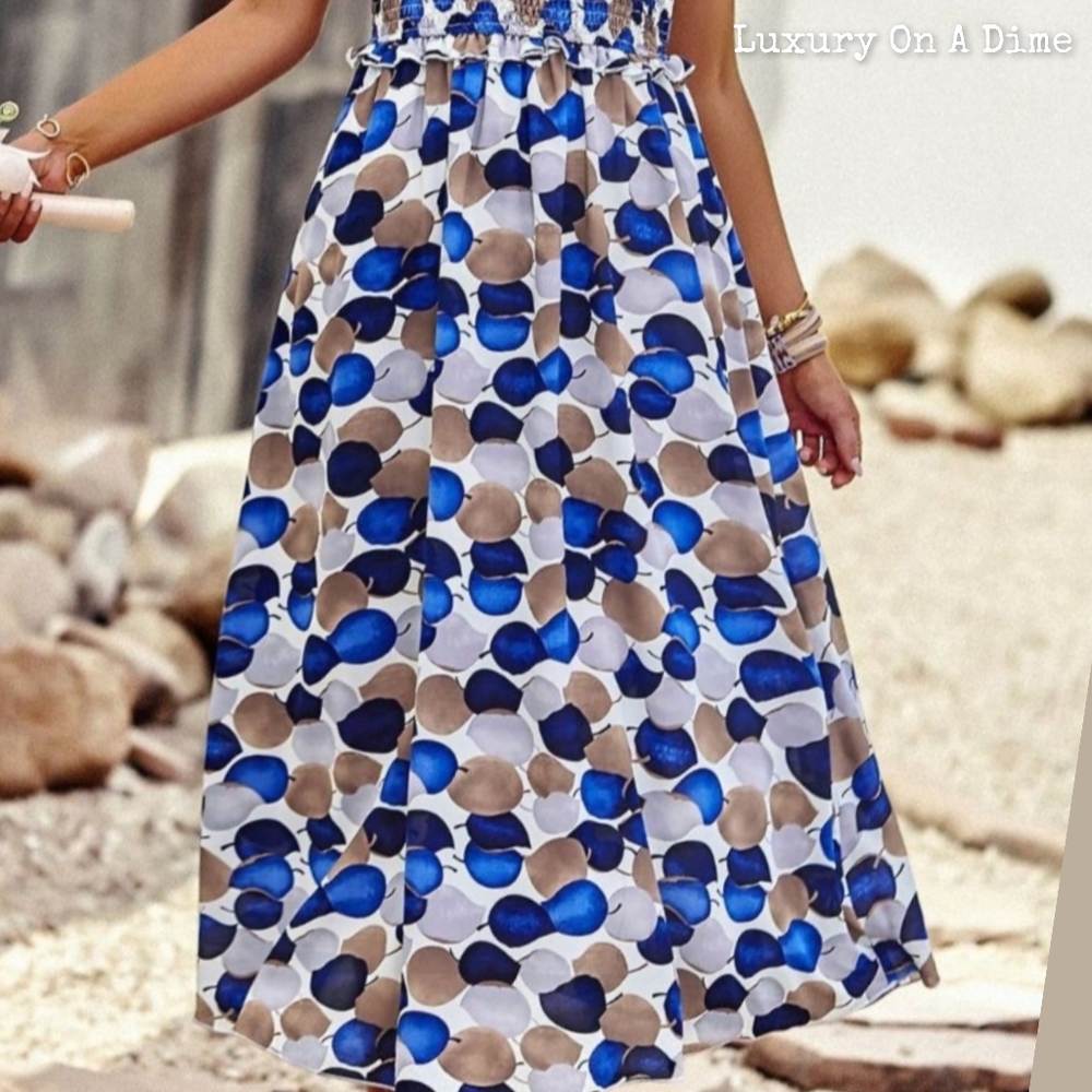Vibrant Blue Circle Abstract Leaf Sleeveless Smocked Bodice Summer Midi Dress - Picture 5 of 10